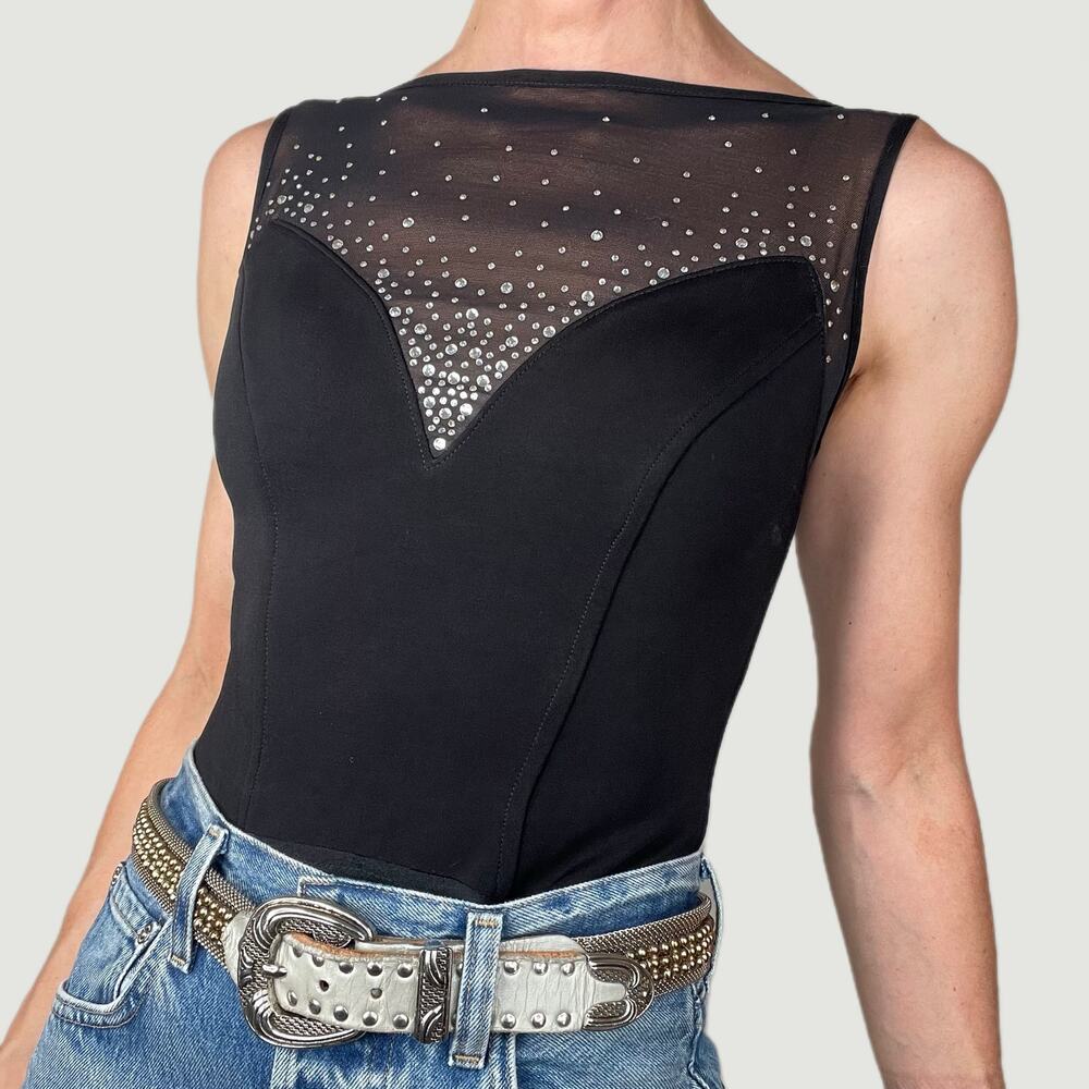 Cache vintage rhinestone bodysuit sleeveless‎ illusion sweetheart Tadashi 90s S